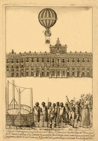 View of the balloon ascent before their majesties and the royal family on January 8, 1793, in which Mr. Vicente Lunardi participated and fell at 2 in the afternoon, published 1793 by Italian School